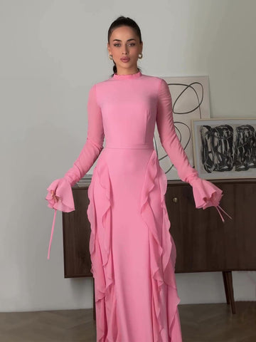 Woochic robe à manches longues évasées col mi-haut à volants rose S